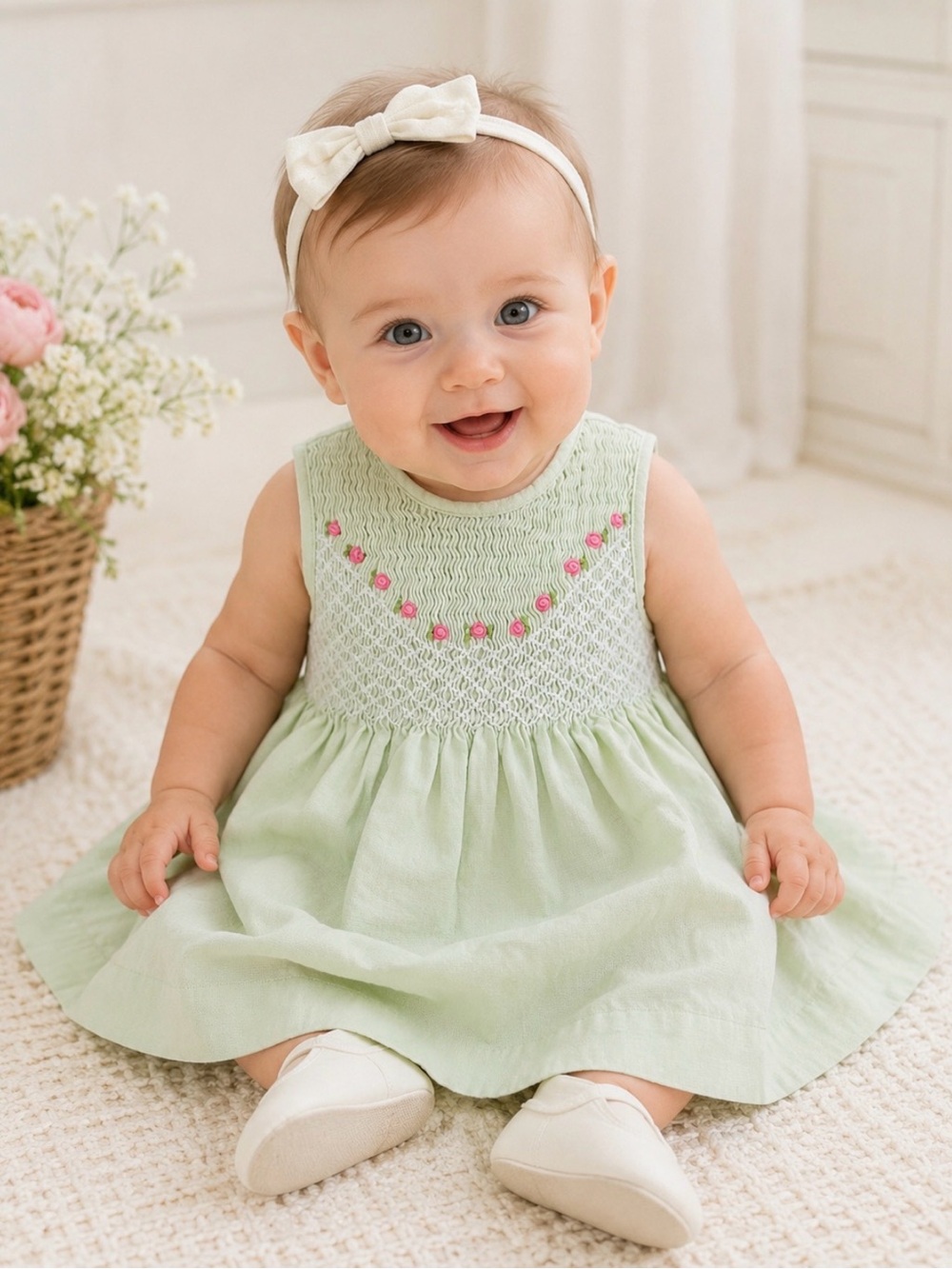 First Impressions Smocked Linen Blend Baby Dress 6-9M Dainty Church Pictures